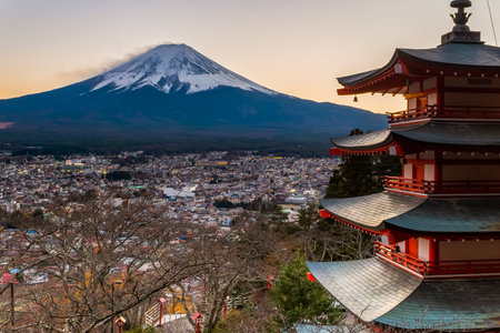Japan - November 22, 2022 : Chureito Pagoda at Sunset with Illumination of Fujiyoshida Town, Fujiyoshida, Yamanashiのeditorial素材