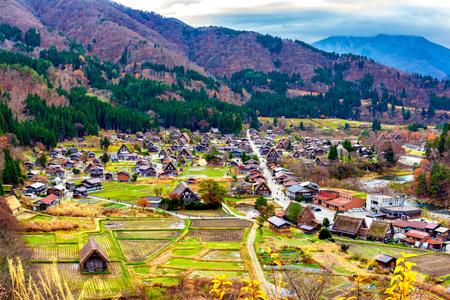 Scenic landscape of Gassho Zukuri  Houses and green rice fields in autumn at Shirakawago World Heritage Village, Gifu, Japanのeditorial素材