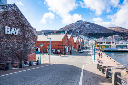 Japan - February 8, 2024 : Scenic view of Kanemori Red Brick Warehouse near Hakodate Port, One of most popular tourist destination in Hakodate in winter, Hakodate, Hokkaidoのeditorial素材