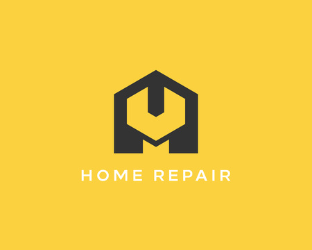 House repair service tool shop sign. Creative idea wrench home icon creative mechanic symbol icon. Negative space symbol.のイラスト素材