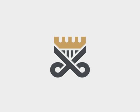 Scissors comb logotype. Crown hair shield vector logo.のイラスト素材