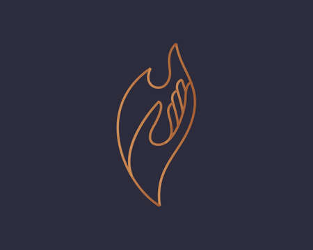 Vector logo hand and flame. Hand gesture fire burning care premium symbol sign icon logotype in minimalistic style illustration.のイラスト素材