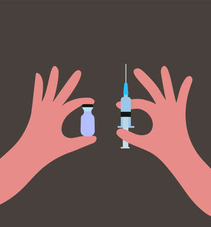 Hands holding syringe for injections and bottle with the drug, vaccine. Flat vector illustration isolated on a dark backgroundのイラスト素材