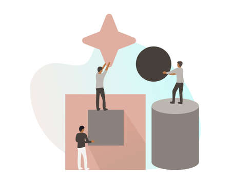 Concept for people teamwork teambuilding human resources, team skills. Three people at different levels hold different geometric shapes in their hands. Can be used for website banner and landing page.のイラスト素材