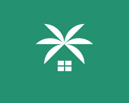 Abstract home with roof from palm tree leaves symbol logotype. Minimalistic beach house, villa, bungalow with palm leaf logo design.のイラスト素材