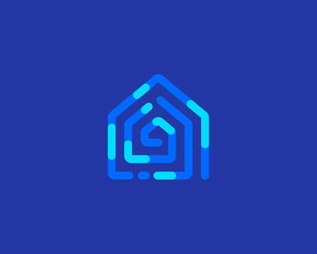 Abstract house, maze, fingerprint vector icon logo design from colorful lines. Universal home, smart home, real estate vector icon sign logotype.のイラスト素材