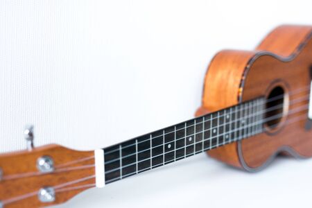 Brown ukulele on a white background. Focus on guitar frets.の写真素材