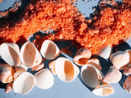 Orange bath salt in a saucer with shells on a holb background with a shadow from a tropical plant. Copyspace, flatlay. Spa, relaxed, summer.の写真素材