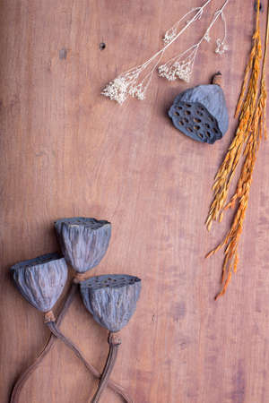 Top view of Dried lotus flowers on wood tableの写真素材