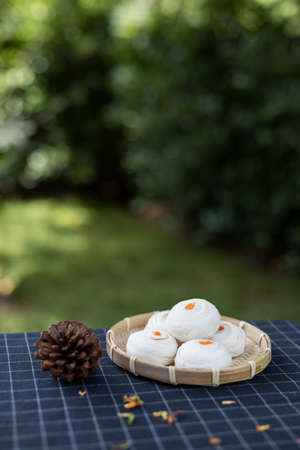 Chinese pastry mung bean with egg yolk (Moon cake), a popular asian dessert on green bokeh backgroundの写真素材