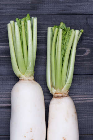 Close up shot of White Radish on dark wooden backgroundの写真素材
