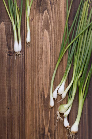 Scallion on wood texture background, top viewの写真素材