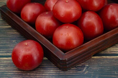 Fresh tomatoes on the wooden trayの写真素材