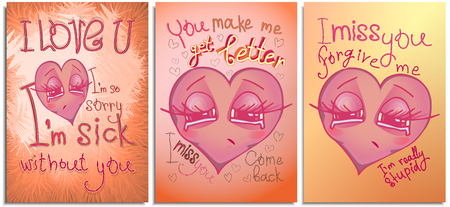 Set of graphics postcard, posters,for Happy Valentine day. Color bright cartoon sad heart very upset and sick, asking for forgiveness, says sorry, i'm really stupid. Lettering and character hand drawnのイラスト素材