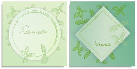 Vector set of postcards templates, invitation with hand-drawn graphics sprigs of beautiful mint, Gently color shades of green, little gradient. Lettering: summer, you can change it or use as it is.のイラスト素材