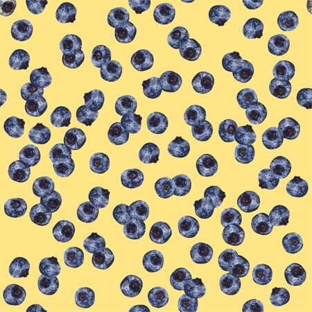 Vector seamless pattern with hand-drawn realistic blueberry, like paints, juicy colors, appetizing looks, fresh, tasty bilberry , yellow background color. Summer wildlife berries ripe, scattered,tastyのイラスト素材