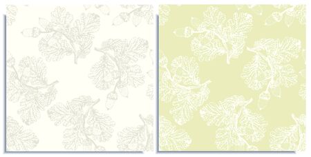Vector set of seamless patterns with wonderful outline oak branch with leaves, acorns, hand-drawn in graphic and real-style at the same time. Tender light colors: white, green. Good cloth ornamentのイラスト素材
