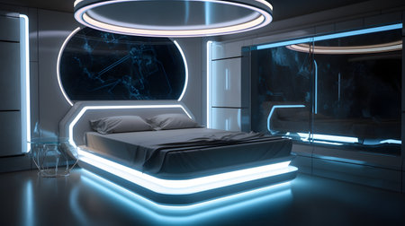 Modern bedroom with blue neon lights and a bedの素材