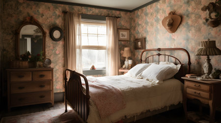 Interior of a vintage bedroom with a double bed and a windowの素材
