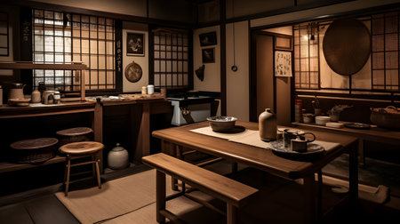Japanese restaurant in Kyoto, Japan. The restaurant is set in a traditional style.の素材