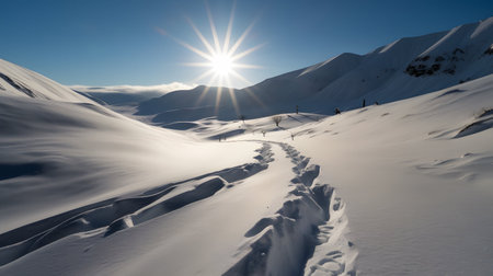 Snowy trail in the mountains. Winter landscape. Sunny day.の素材