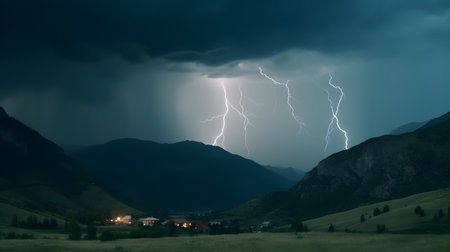 Lightning in the mountains. Dramatic stormy sky with lightning.の素材