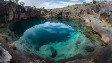Panoramic view of turquoise lake in the middle of the canyonの素材