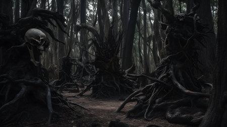 Creepy dark forest with creepy spooky trees and human skullの素材