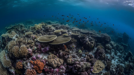 Underwater view of a tropical coral reef with hard corals and fishの素材