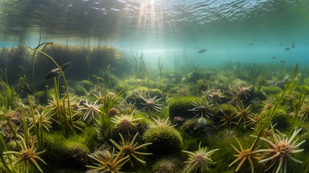Underwater view of a seabed with algae and fish.の素材