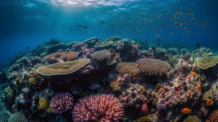 Underwater view of coral reef with hard corals and tropical fishの素材