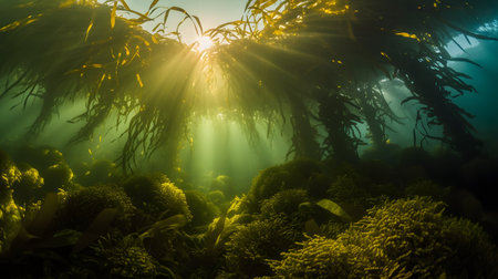 Underwater view of seabed with seaweed and sun raysの素材