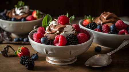Chocolate ice cream with fresh berries in a bowl on wooden backgroundの素材