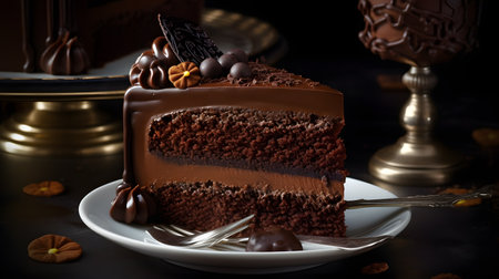 Chocolate cake with chocolate glaze and nuts on a dark backgroundの素材