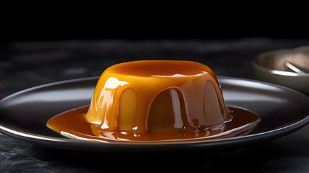 Panna cotta with caramel sauce on black plate, closeupの素材