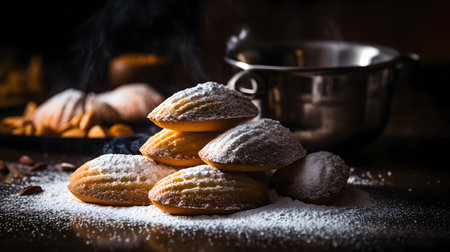 Cookies sprinkled with powdered sugar on a wooden background. Selective focus.の素材
