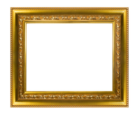 Gold picture frame with leaves detailed on white backgroundの写真素材