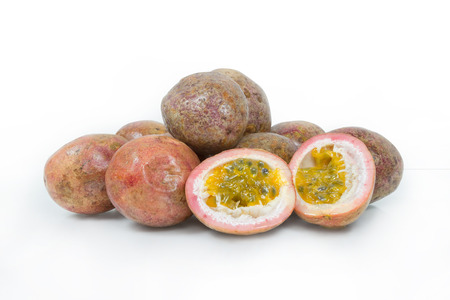Passion fruits on white backgroundの写真素材