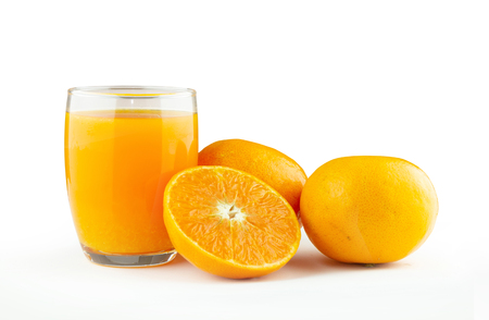 Isolated of glass of orange juice and a slice of orange fruit on white backgroundの写真素材