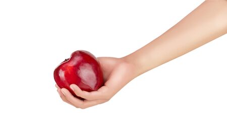 Isolated apple in a human hand a concept for diet or healty food isolated on white backgroundの写真素材