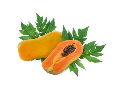 Isolated whole and half papaya on white background with green papaya leaf and clipping pathの写真素材