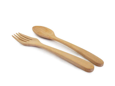 isolated wooden spoon and fork on white background with clipping pathの写真素材