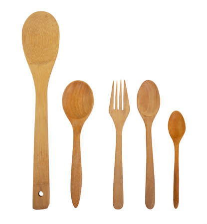 Isolated set of wooden kitchenware on white background with clipping pathの写真素材