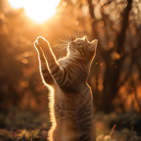 Cute tabby kitten with raised paw in the sunset light.の素材