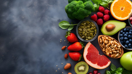 Healthy food clean eating selection: fruit, vegetable, leaf vegetable, superfood, seeds, superfoods on dark backgroundの素材
