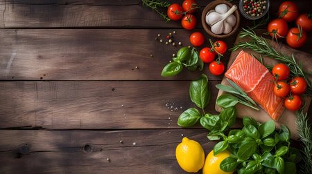Fresh ingredients for cooking on wooden background. Top view with copy spaceの素材