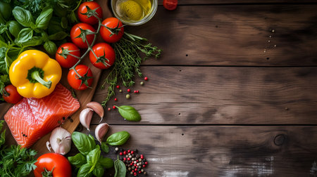 Fresh ingredients for cooking on rustic wooden background. Top view with copy spaceの素材