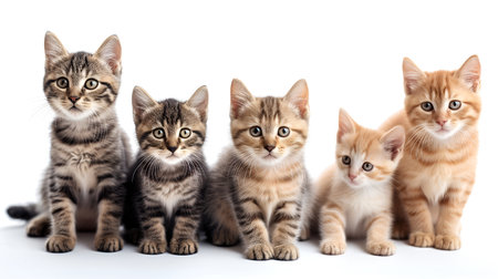 Group of cute little kittens isolated on white background. Selective focus.の素材