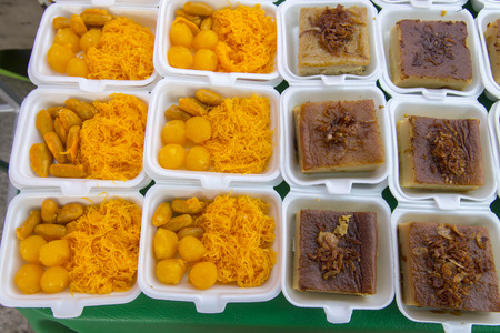 Mung Bean Thai Custard Dessert Recipe and egg yoke fudge balls cooked in syrup, thai dessert in foam...