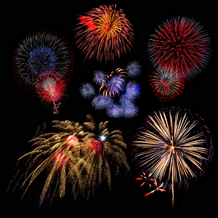 beautiful colorful firework display set for celebration happy new year and merry christmas on black isolated background, fireworks new yearの写真素材
